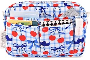 E-WEICHEN Multiple Pockets Portfolio Organizer with Zippered, Makeup Bag Travel Essentials for Women, Simple Waterproof Stationery Pencil Pouch Bag for Journal Office Art Supplies.Blue Cherry