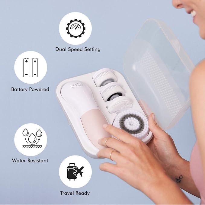 Amazon Com Vanity Planet Glowspin 2 0 Facial Cleansing Brush With 4 Interchangeable Brush Heads For Body Scrub Cleansing And Exfoliating Waterproof Battery Operated Beauty