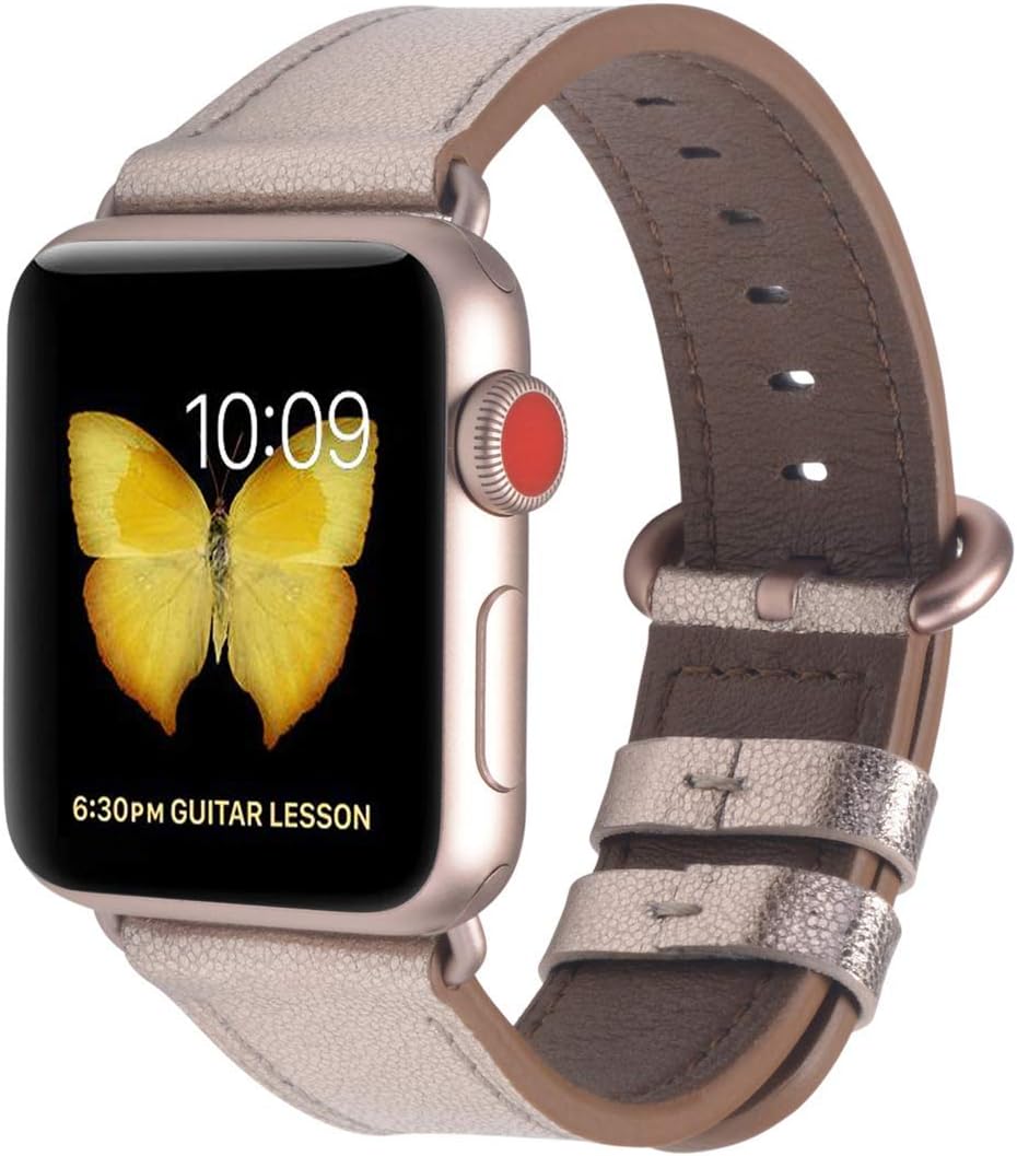 JFdragon Compatible with Apple Watch Band 38mm 40mm 42mm 44mm Women Men Top Grain Leather Replacement Strap for iwatch Series 5 4 3 2 1 (Champagne Gold+Series 5/4/3 Rose Gold Clasp, 38mm/40mm)