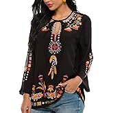 AK Women's Embroidered Tops Mexican Shirt V Neck Summer Casual Tops Peasant Tunic Loose Blouse