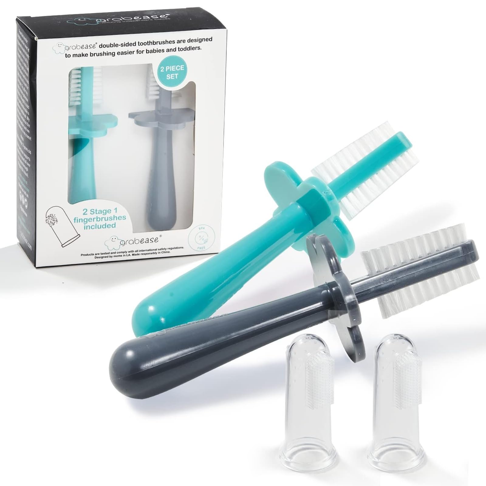 Photo 1 of grabease Baby Toothbrush Double Sided - Training Finger Toothbrush for Toddler Infant, BPA-Free & Phthalate-Free for Baby & Toddler, 2 Pack, Teal and Gray