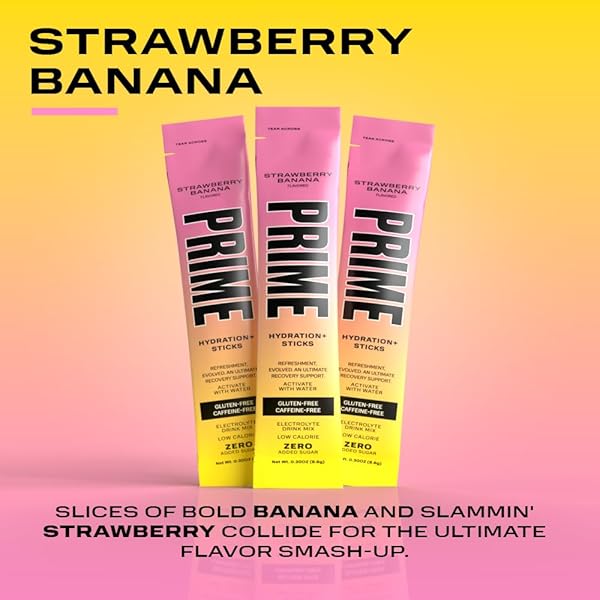PRIME HYDRATION+ ELECTROLYTE POWDER STICKS, STRAWBERRY BANANA, SUGAR FREE HYDRATION DRINK MIX WITH POTASSIUM, MAGNESIUM & B VITAMINS TO REPLENISH FLUIDS, CAFFEINE FREE, 16 COUNT