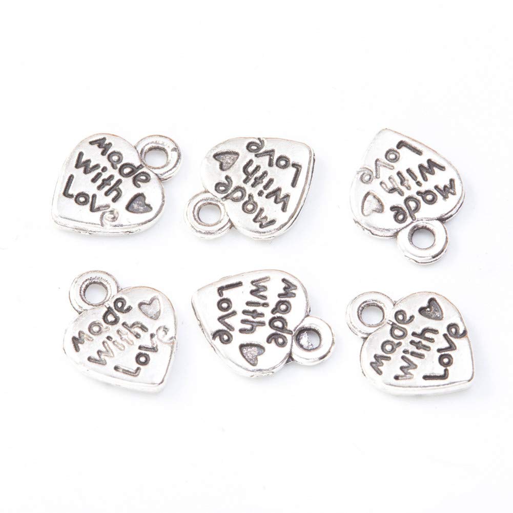 Made with Love Bead Charms 200pcs Heart Shaped Alloy Pendants for Jewellery Filigree Earring Bracelet Dangle Necklace Choker Making Handmade Gift(Silver)