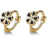 14K Gold Flower Huggie Statement Earrings for Women,Daisy Mini Small White Black Floral Cartilage Hoop Earrings Party Prom Trendy Kawaii Jewelry Gifts
