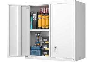 GREATMEET Locking Metal Wall Cabinet, Metal Storage Cabinet with 2 Shelves, Wall Mount Cabinet with Lock, Garage Cabinets with Adjustable Shelf