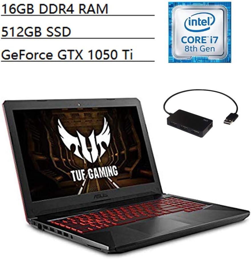 Asus FX504 TUF Gaming Laptop 15.6”Full HD 8th Gen Intel Core i7-8750H Processor GeForce GTX 1050 Ti 16GB DDR4 RAM 512GB SSD HDMI WiFi Bluetooth Windows 10 + TSBEAU 4 Port USB 2.0 Hub Bundle