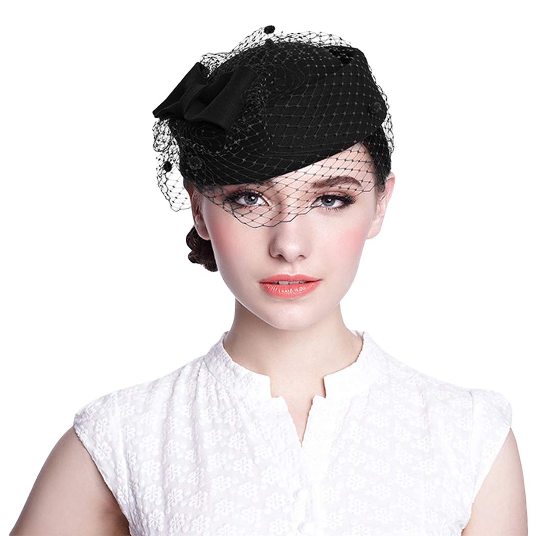 Wool Pillbox Hat Retro British Style Cocktail Party Wedding Fascinator Veil Hat for Women
