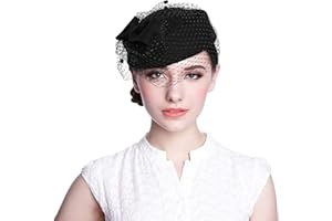 Aniwon Pillbox Hat, Wedding Hat Caps with Veil Vintage Bow Fascinator Hats Caps for Women A Black