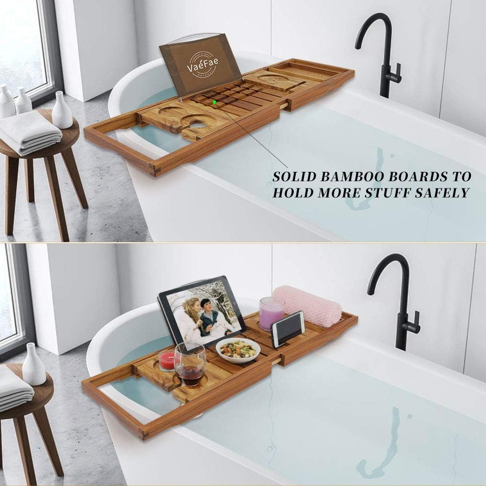 Expandable Bath Tray for Tub with Upgraded Wine Slots and Book Holder Ideal for One or Two