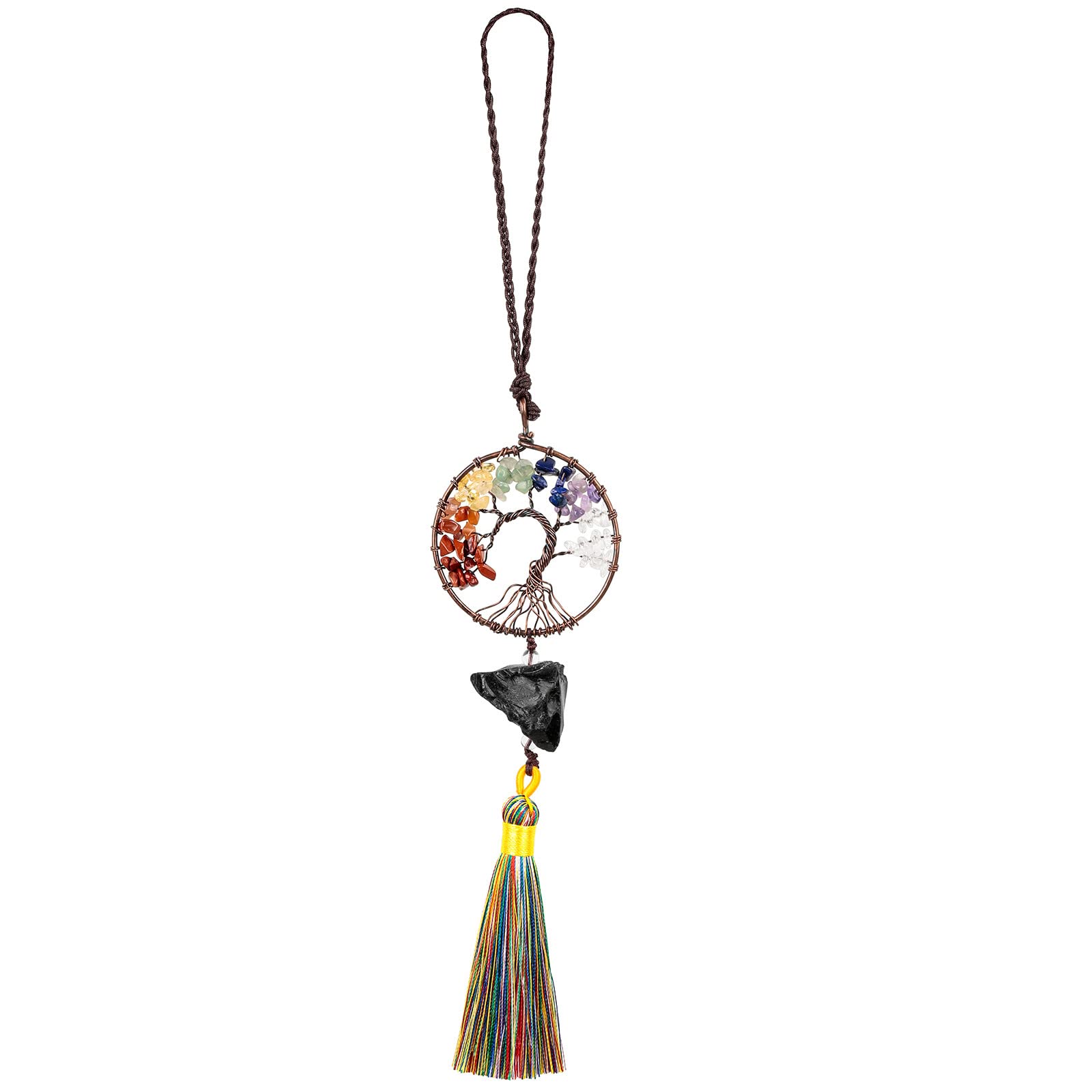 Nupuyai Obsidian Tree of Life Tassel Hanging Ornament, Reiki Healing Irregular Raw Stone Feng Shui Crystals Good Luck Car Home Office Decor