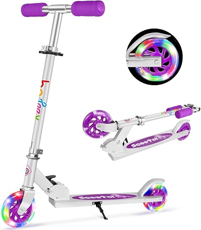 BELEEV Kids Scooter 2 Wheels Folding Light Up Purple Adjustable 3 Heights