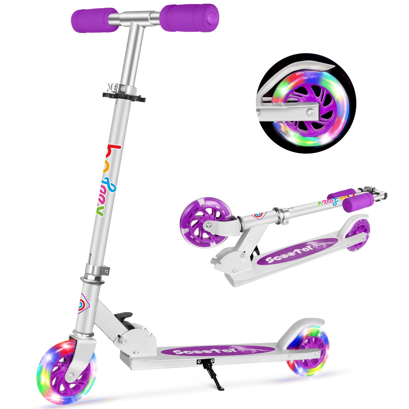 BELEEV Scooter for Kids, 2 Wheels Folding Kick Scooter for Children Girl and Boys, 3 Adjustable Height, LED Flashing Light up Wheels, with Kickstand (Purple)