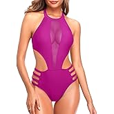Tempt Me Women One Piece Sexy Mesh Swimsuit High Neck Halter Cutout Monokini Swimwear