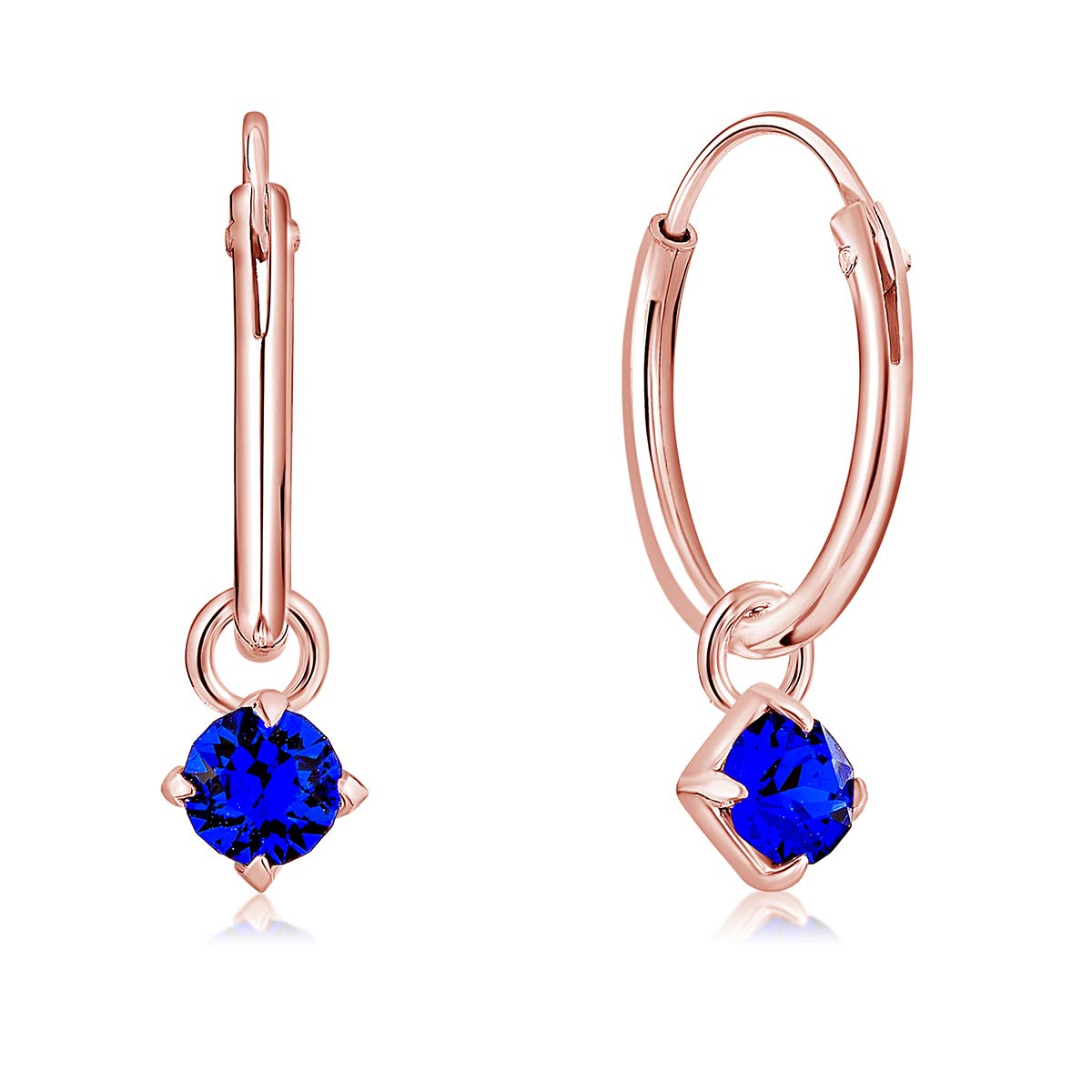 DTPsilver® 925 Sterling Silver Rose Gold Plated SMALL Hoops Earrings & Round Dangling 3 mm Crystals from Swarovski® Elements - Thickness 1.2 mm - Diameter: 12 mm - Colour : Majectic Blue