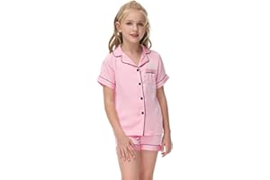 Alunsito Kid Girls Boys Pajamas Set Button Down Short Sleeve Top T-Shirt + Shorts 2Pcs Lounge Sleepwear Nightwear PJs Outfits