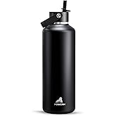 POWCAN 32oz Stainless Steel Slim Water Bottle: Sweatproof, Flex Cap, Lightweight, Standard Mouth, Top Handle, Vacuum Insulated Flask with straw for Office, Home, Commute, Workouts (Midnight Black)
