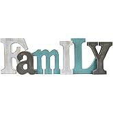 E-view Wooden Letters Sign Decorative Wood Block Signs Freestanding Word Cutout Distressed Teal Sign for Shelf Table Mantle Hanging Ornament Rustic Home Decor (Family)