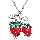 HOPEEZZ Sterling Silver Strawberry Pendant Necklace for Women, 925 Silver Cute Fruit Charm Jewelry, Adjustable Chain, Gift for Her