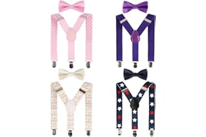 kilofly 4 Sets Boys Pre-tied Adjustable Neck Bow Ties + Elastic Suspenders Pack