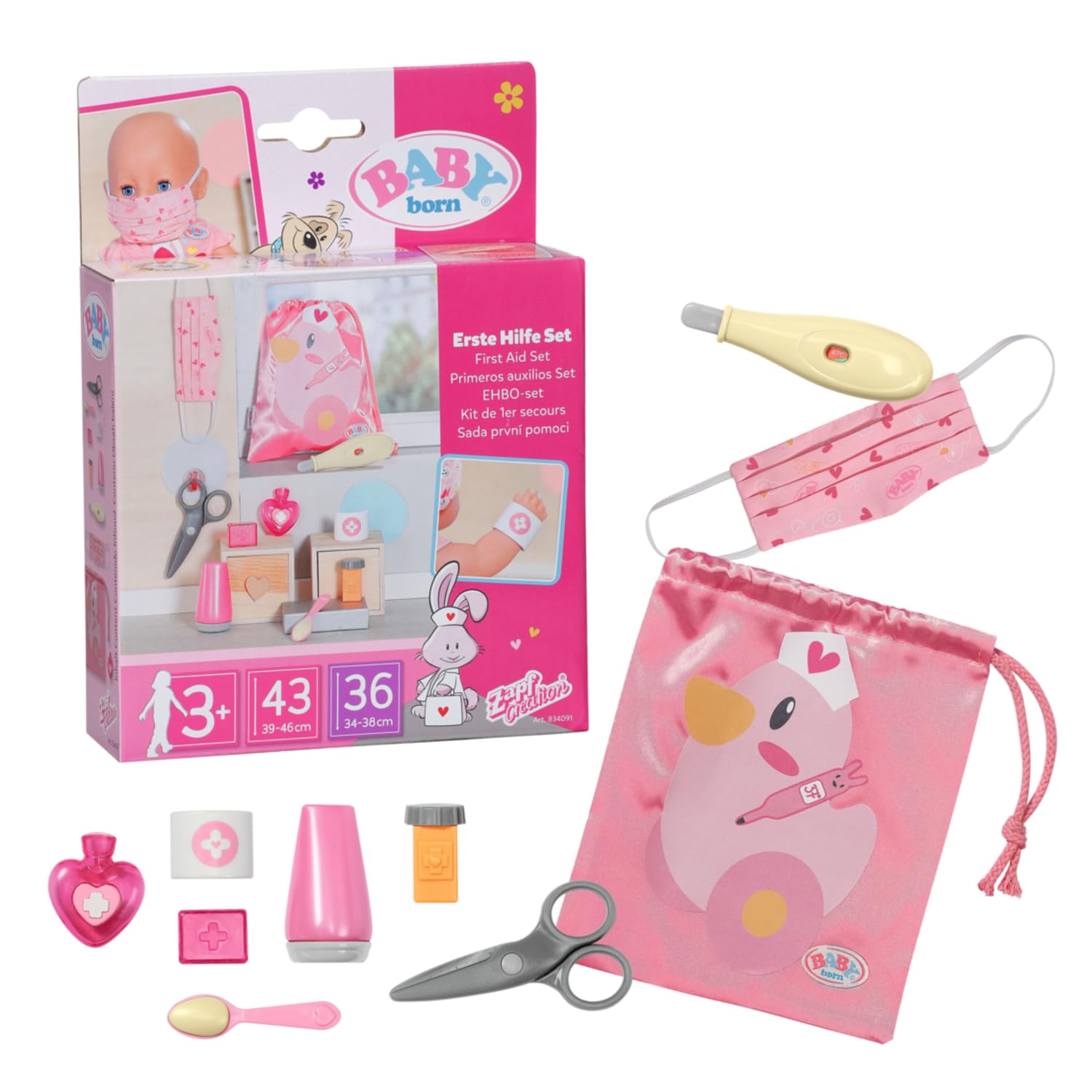 Baby born First Aid Kit 834091 - Accessories for Baby born Dolls - Includes 9 Medical Doll Accessories and Drawstring Pouch - Suitable for Kids from 3+, Pink