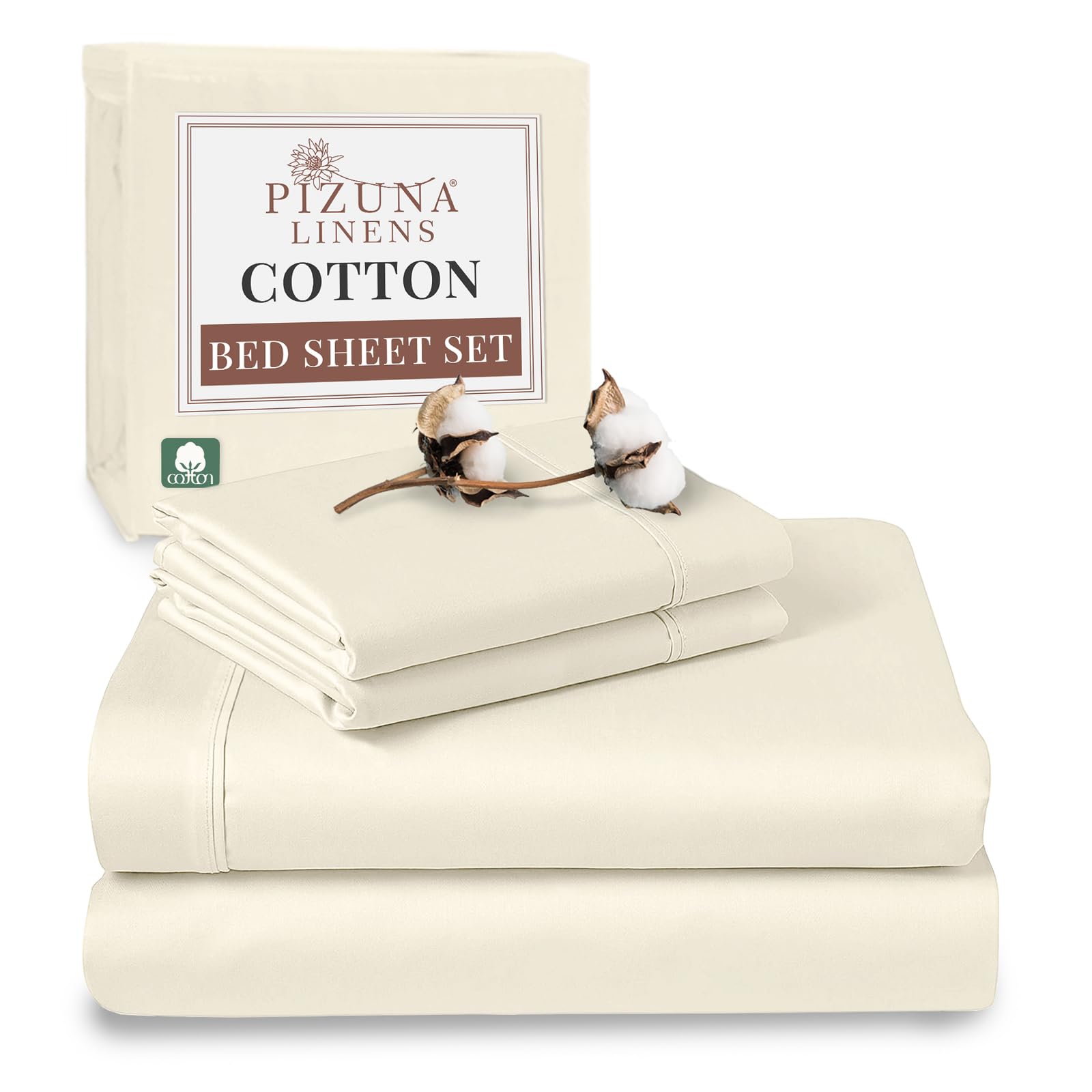 Pizuna 100% Cotton Super King Bed Sheet Set Ivory, 400 Thead Count Long Staple Cotton Bedding Set 300x280 cm, Soft Sateen 4 PC King Bed Sheet Set -Fitted Sheet, Flat Sheet & 2 Pillowcases