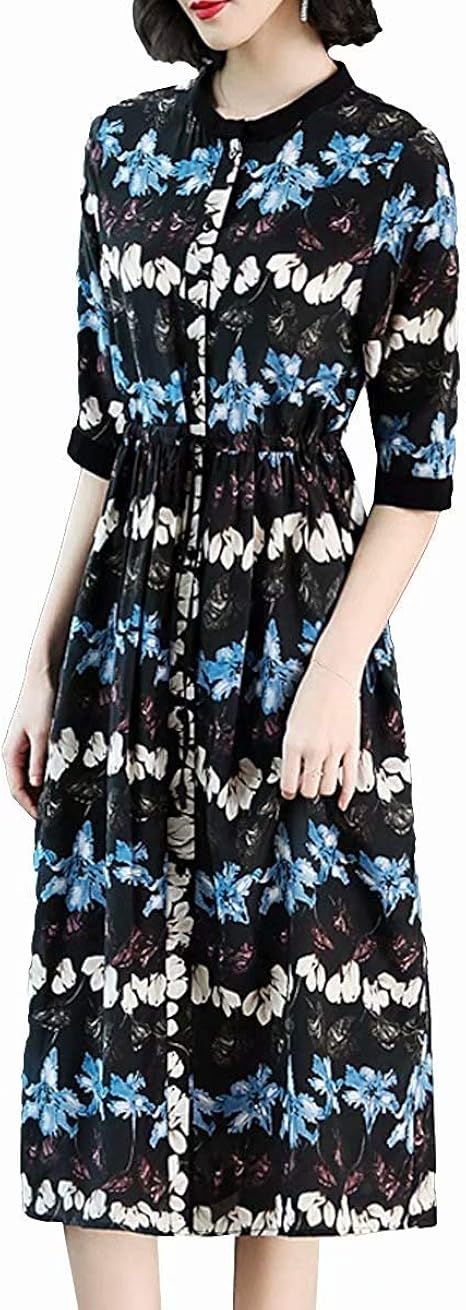 Kumi レディース シルクワンピース 花柄 ファッション チュニック ロングドレス ウエスト締める 半袖 ワンピース チュニック 通販 Amazon