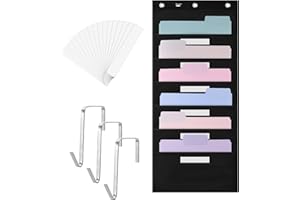 Mr. Pen Hanging Wall File Organizer with 6 Name Tag, 6 Pocket, 3 Overdoor Hangers, Black Steel Organizer for Home Office, Cla