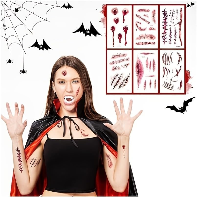 Kit De Accesorios De Halloween Para Mujer | Mangas, Medias, Velo, Pestañas Y Tatuajes | Disfraz De Novia Zombi O Cicatrices | Fácil Y Rápido