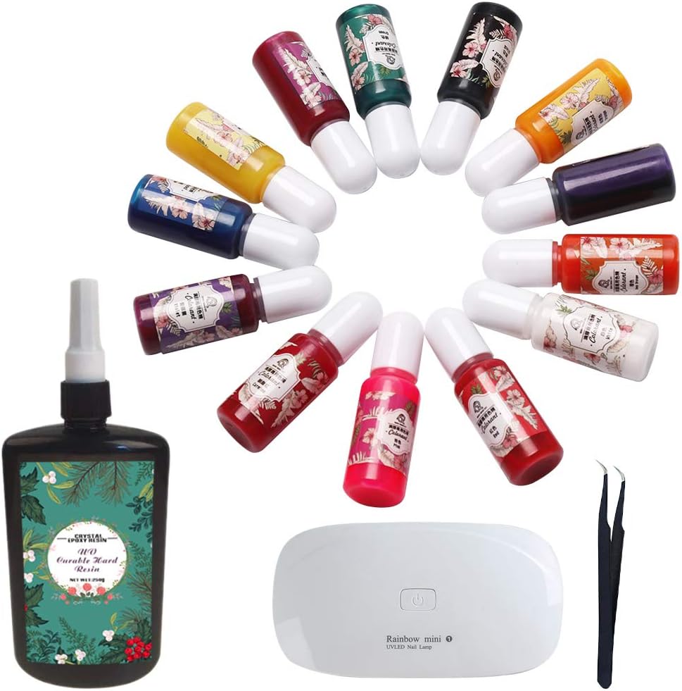 Epoxy Resin UV kit with Pigment and UV lamp kit 250g Crystal Clear Transparent epoxy with 13 Solid Color Pigment Dyes + Compact Mini Portable UV lamp with USB & Tweezers, Resin Crafts kit