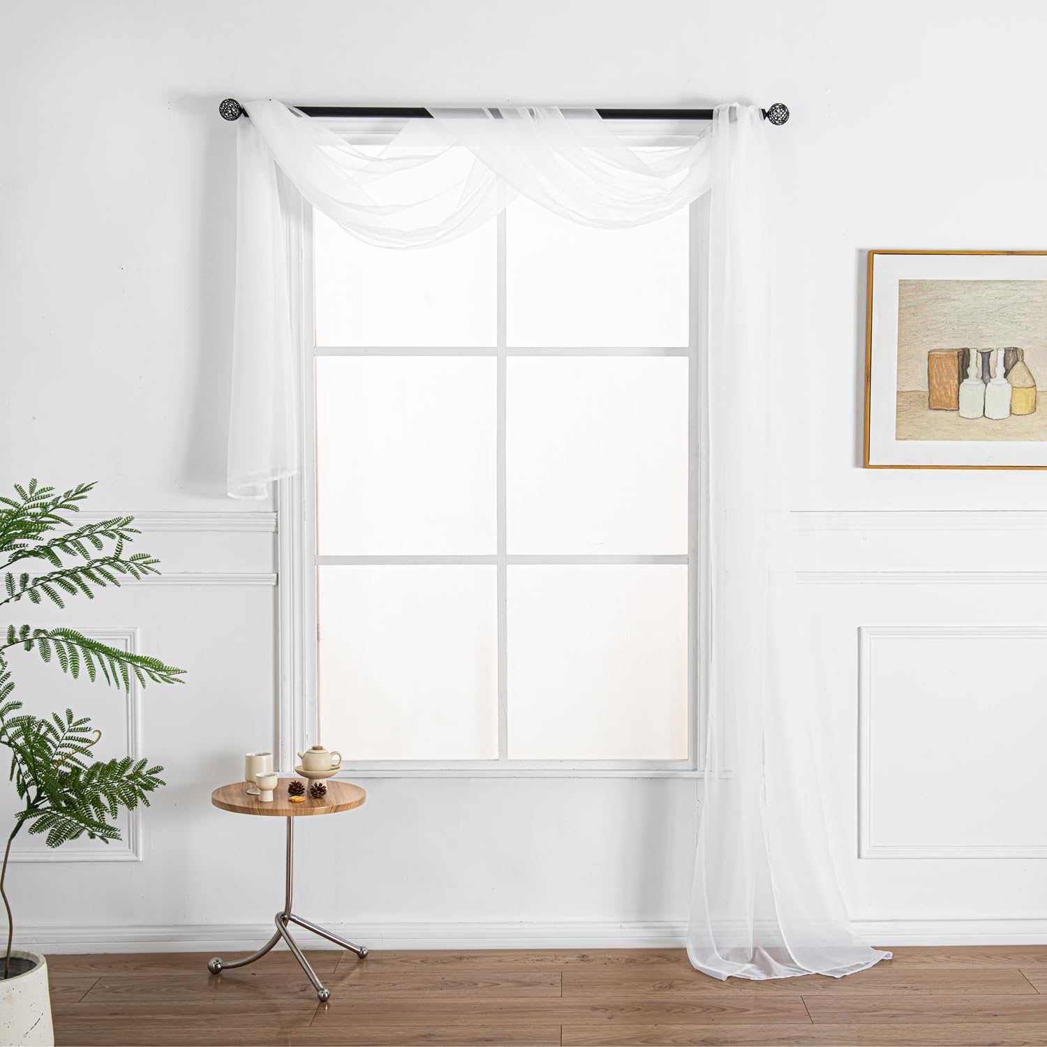 WPM White Extra Long Sheer Window Scarf Valance. 38”W x 216”L Valances Voile Swag for Windows- Living Room, Kitchen, Wedding Arches, Bedroom Décor, Events. Fully Stitched and Hemmed