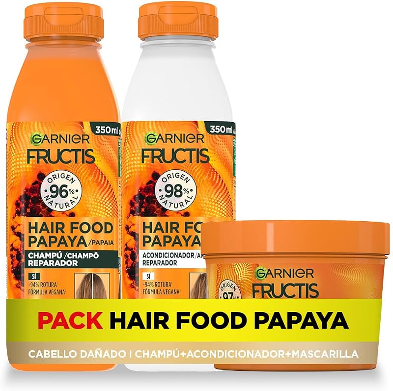 Garnier Fructis Hair Food Pack, champô de papaia, amaciador e máscara, desembaraçantes, reparação intensiva de cabelo danificado, 98% de ingredientes Origem natural, vegan, embalagem sem silicone de 350ml e 400ml