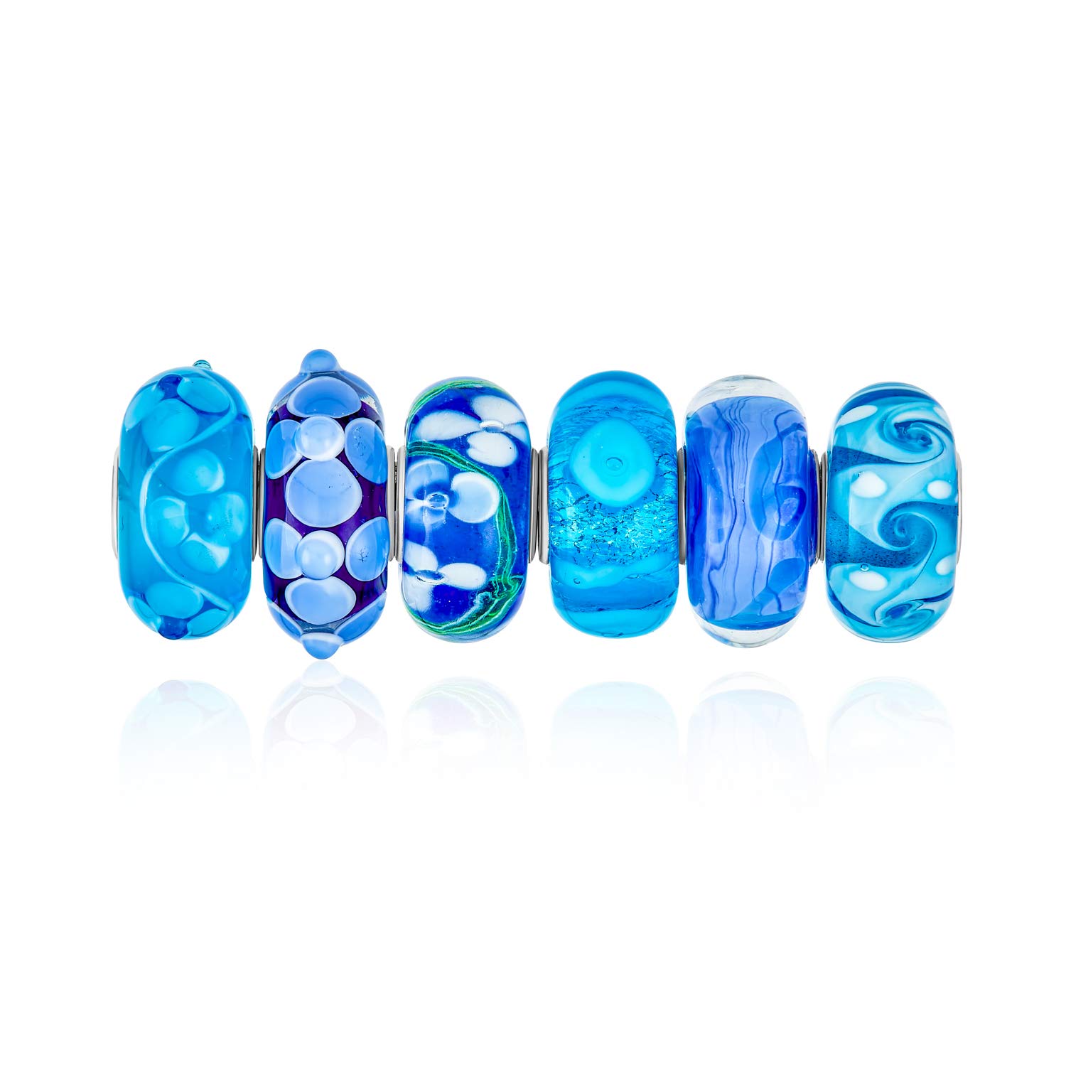 Bling Jewelry Mixed Set Of 6 Bundle .925 Sterling Silver Core Translucent Shades Of Blue Murano Glass Swirl Flower Charm Bead Spacer Fits European Bracelet For Women Teen