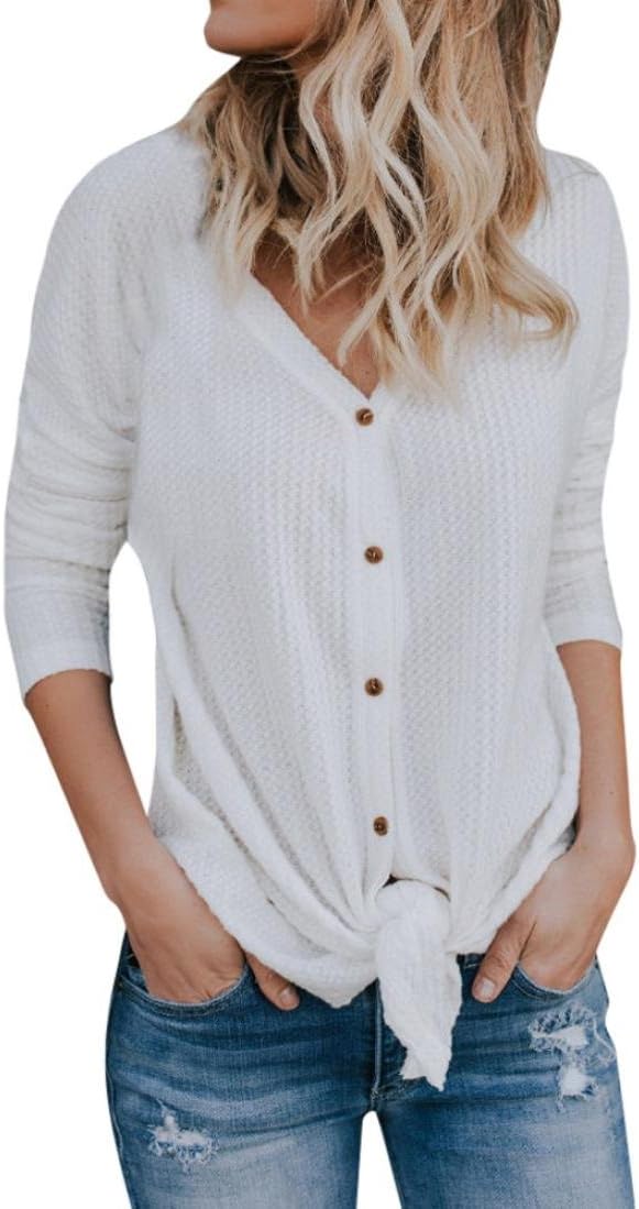 DEATU New Womens Loose Knit Tunic Blouse Tie Front Knot Henley Tops Bat Wing Plain Shirts