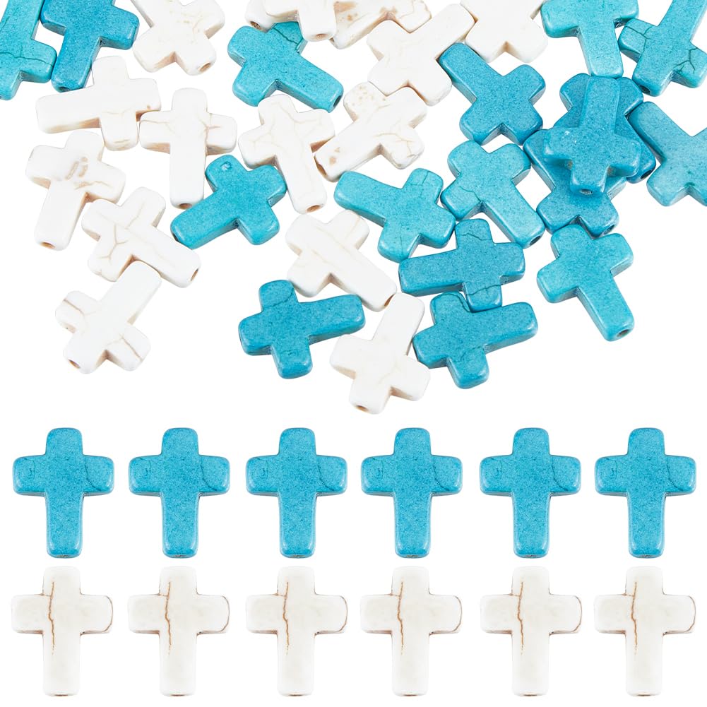 SUNNYCLUE 1 Box 100Pcs Cross Beads Bulk White Blue Synthetic Turquoise Stone Beads Easter Holiday Pocket Crosses 16x12mm Mini Small Loose Spacer Cross Beads for Jewellery Making DIY Beading Supplies — image 1