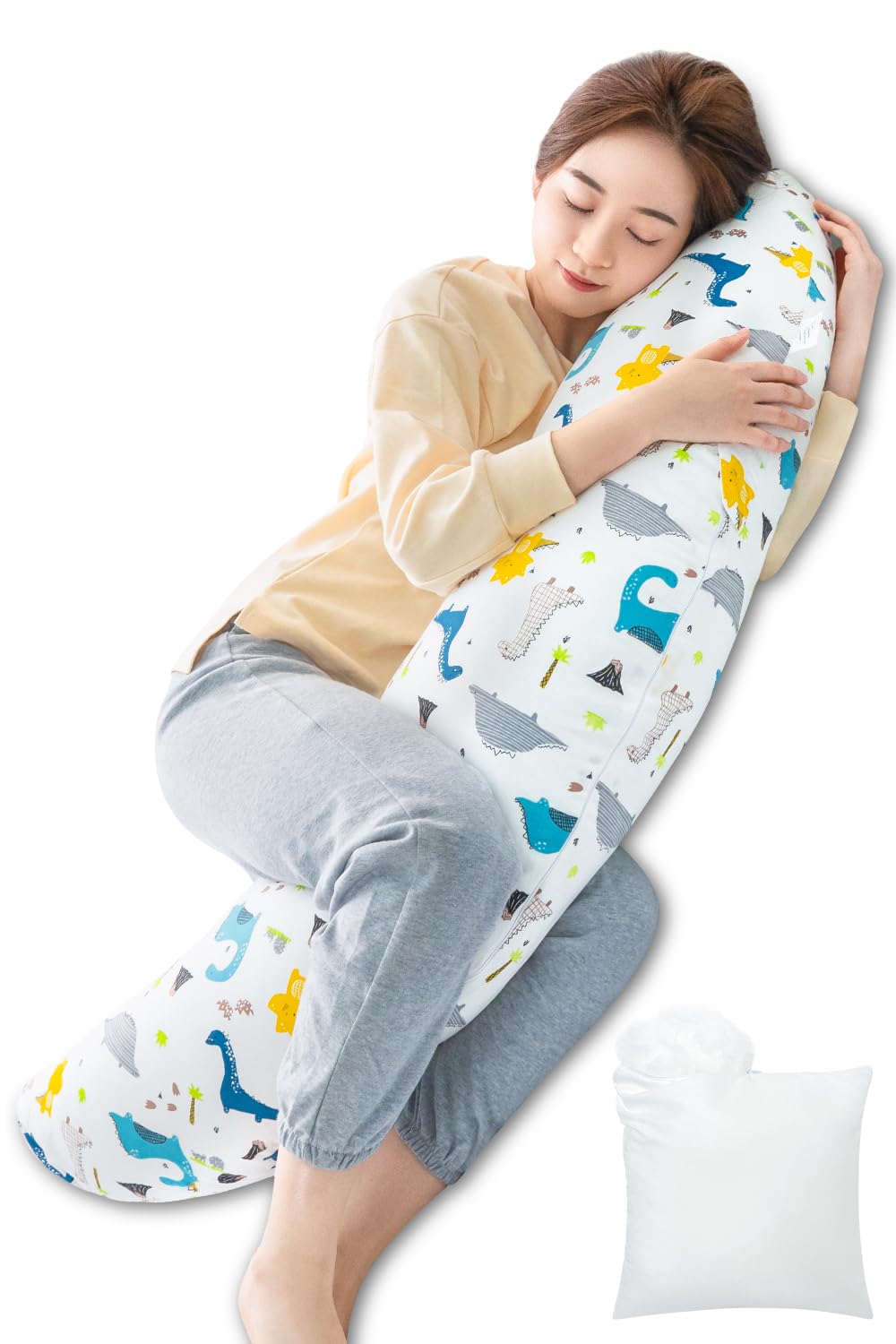 Genki life 抱き枕 だきまくら 妊婦 授乳クッション 妊娠 マタニティ 補充綿200ｇ付き 背中・腰・足のサポートに 横向きに寝やすい 綿素材カバー 洗える 妊娠祝い 三日月型 白 恐竜柄商品画像