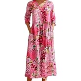 Womens Fall Casual 3/4 Sleeve Floral Prirted Maxi Dress Plus Size V Neck Flowy Swing Tunic Shift Dresses with 2 Pockets