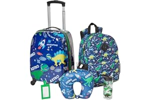 RALME 5 Pc. Boys’ Dinosaur Space Rolling Suitcase Set with Backpack, Neck Pillow, Water Bottle, and Luggage
