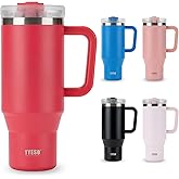 TYESO Vacuum Insulated Tumbler Water Bottle Cold Insulation Stainless Steel Bottle Straw Handle Mug Double Wall Wide Mouth (ROSE RED, 30 oz)