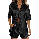 SOFTHO Women's Silk Pajama Set 2 Piece Loungewear Short Sleeve Button Down Pjs Satin Top and Shorts Sleepwear