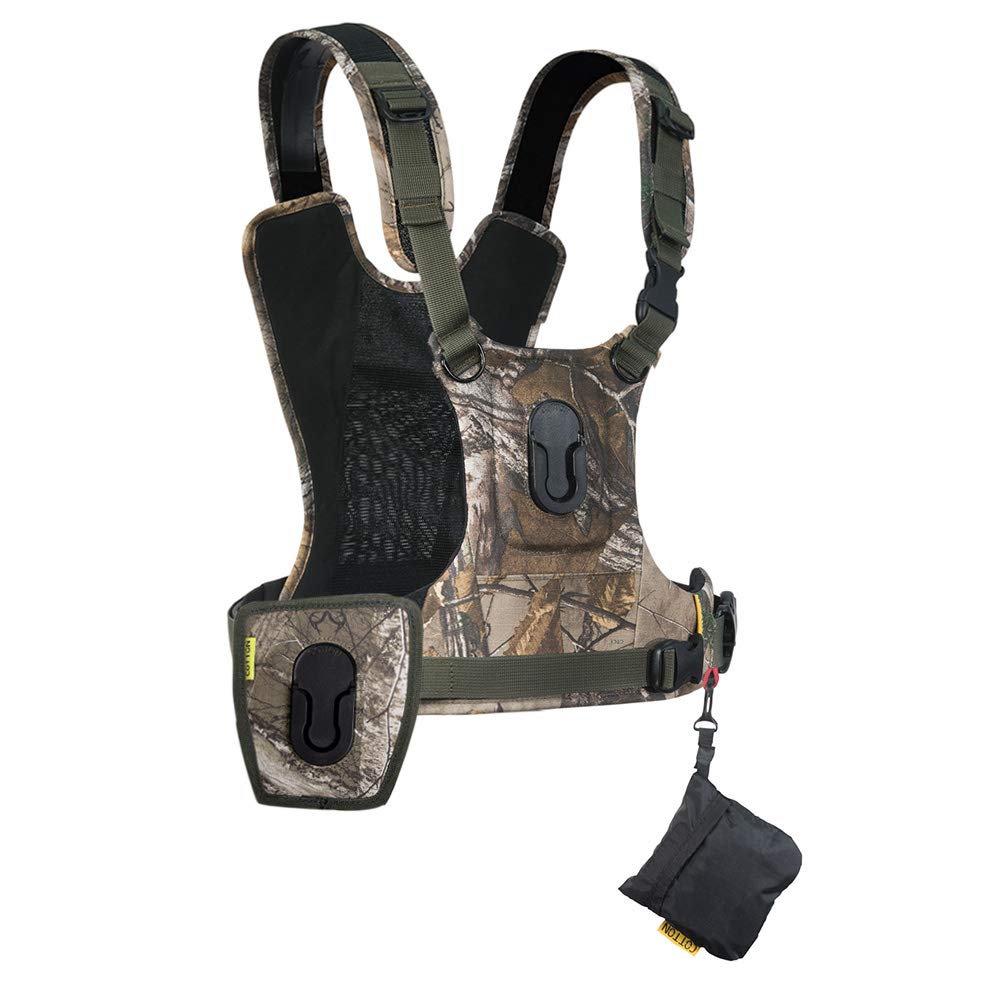 Cotton Carrier G3 Dual Camera Harness – Camo | Dual Patented Twist & Lock Mounts | Professional Two-Camera Outdoor Vest with Rain Cover