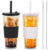 UHAPEER 2 Pack Reusable Boba Tea Cups, 24oz Iced Coffee Cup with Straw and Lid, Leakproof Clear Plastic Cups Tumbler, Double Wall Insulated Smoothie Tumbler, Wide Straw for Bubble Tea, Black and White