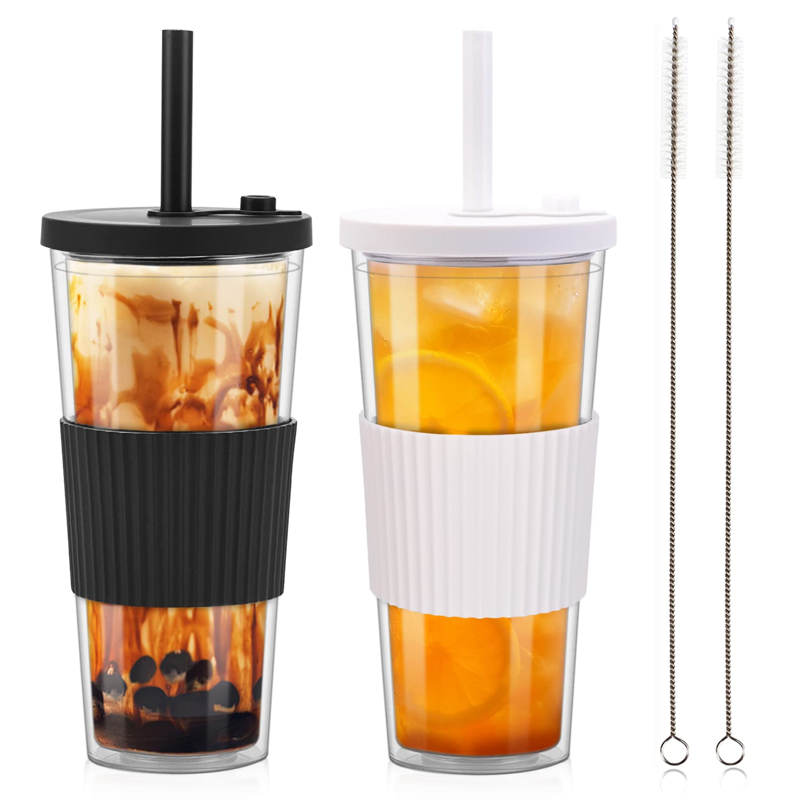 ZgoEC 2 Pack Reusable Bubble Tea Cups, 730ml/24oz Clear Tumbler with Straw and Lid, Leakproof Plastic Cups Iced Coffee Mug, Double Wall Insulated Smoothie Tumbler, Wide Straw, BPA Free