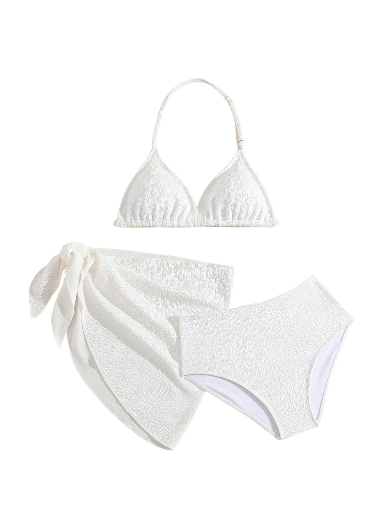 Photo 1 of SHENHE Girl's 3 Pieces Halter Triangle Bikini Sets Spaghetti Strap Swimsuit Smocked Bathing Suit with Beach Skirt White 12Y