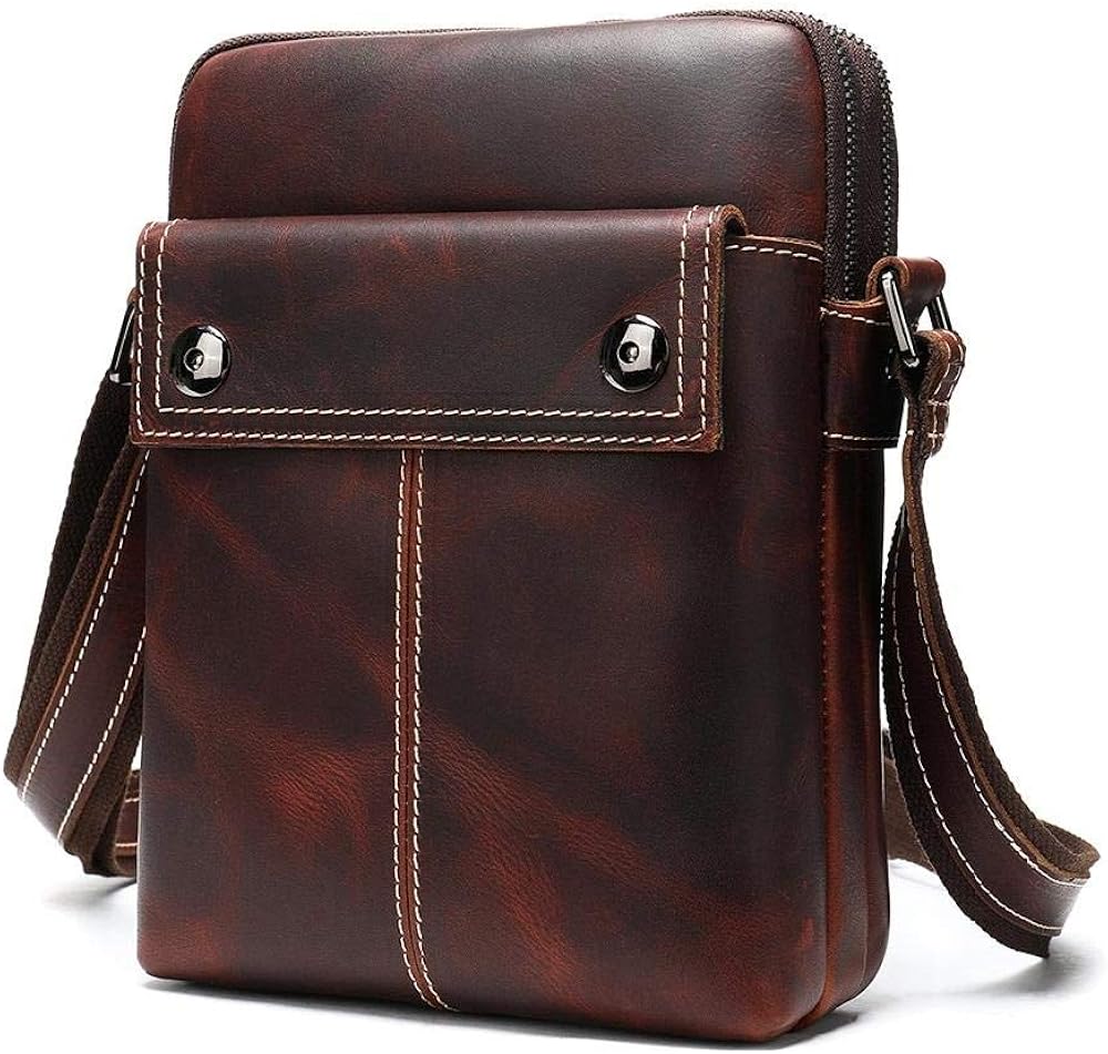 Men's messenger bag vertical top layer leather shoulder bag 7.9 inch iPad small bag Amazon.co