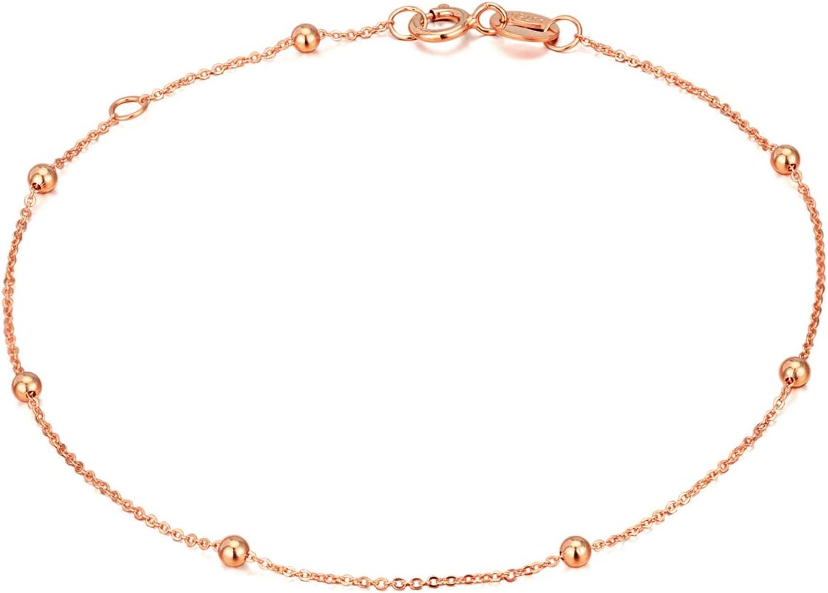Solid 14K, 18K Gold Bracelets for Women, Real Gold Bead Chain Thin Bracelet, Small, 6.3"+0.8"
