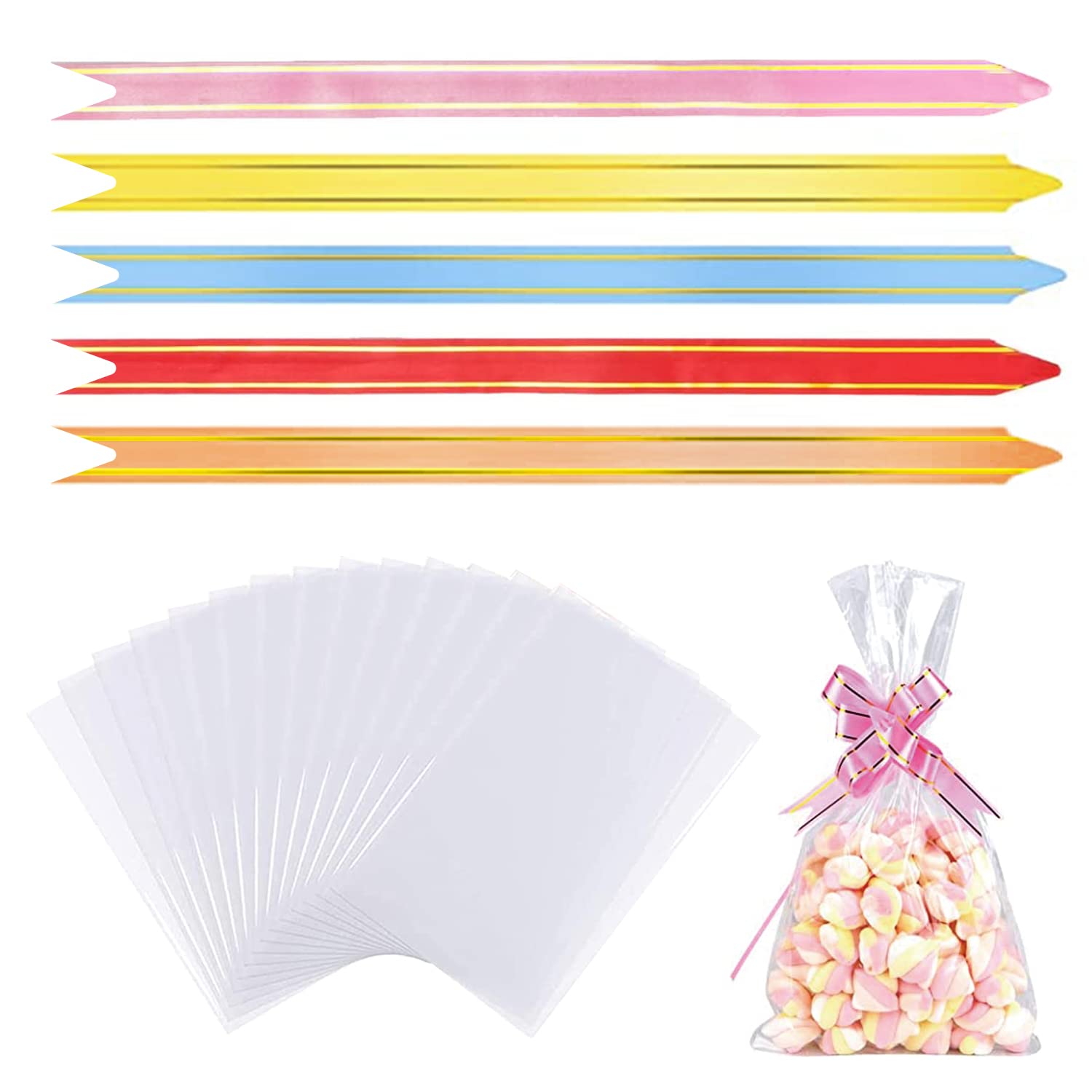 50 Packs Cellophane Bags, 4.7X6.7in Clear Sweet Bags With Mix Colors Pull Bows for Gifts, Cookie, Baking