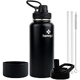 honogo 32 oz Powder Coated Double Wall Vacuum Insulated Sports Water Bottle, 18/8 Stainless Steel Wide Mouth Thermal Flask with Straw Lid & Spout Lid, Leak Proof, Sweat Free, BPA Free (Black, 32 oz)