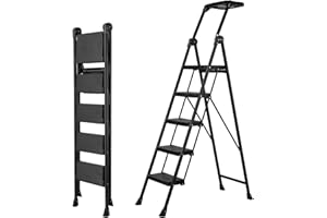 XinSunho 5 Step Ladder, Foldable Handrail & Tool Tray Stool Ladders with Anti-Slip Wide Pedal, 660 lbs Sturdy Steel Ladder for Home Kitchen and Outdoor