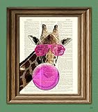 Sharona the 80's Giraffe blowing pink Bubblegum Bubble shuttered sunglasses illustration beautifully upcycled dictionary page book art print