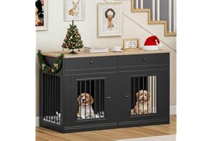 YITAHOME 60" Double Wooden Dog Crate Furniture with Removable Divider & Storage Drawers, 2 Doors Kennel with Locks for Medium & Large Dogs, Multi-Functional Dog Crate End Table for Indoor use, Black